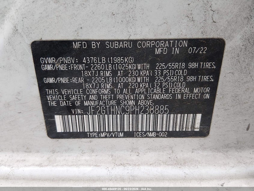 2023 Subaru Xv VIN JF2GTHNC9PH238885 IAAI salvage auction — FRONT & REAR, Salvage (California), sold $500 on 2026-07-30 (photo 9)