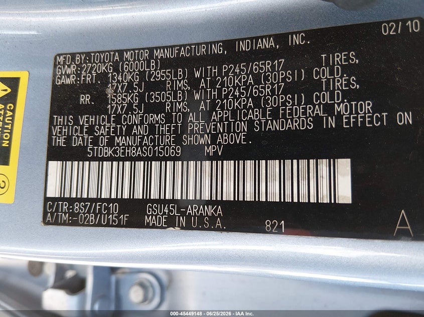 2010 Toyota Highlander VIN 5TDBK3EH8AS015069 IAAI salvage auction — NORMAL WEAR, Clear (Indiana), sold $1,125 on 2026-07-21 (photo 9)