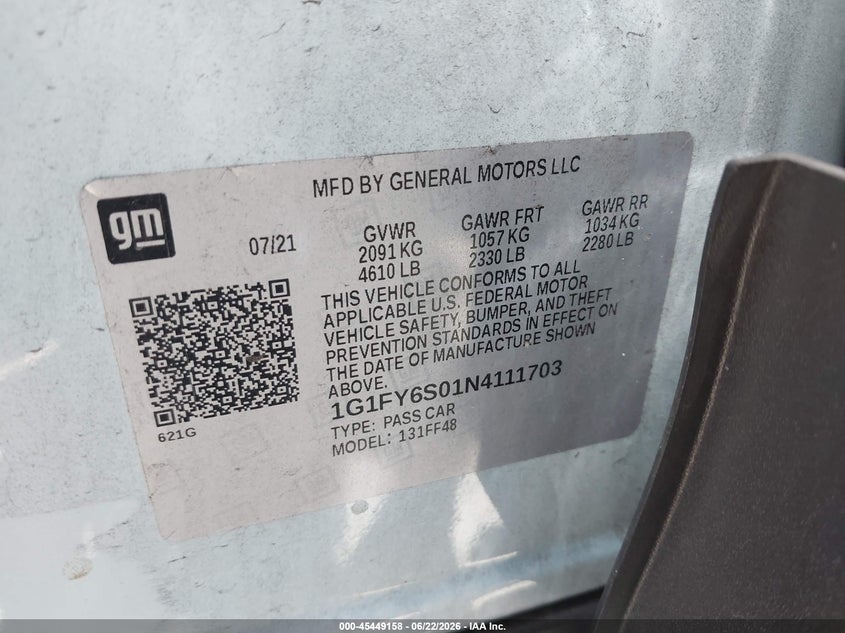 2022 Chevrolet Bolt euv VIN 1G1FY6S01N4111703 IAAI salvage auction — RIGHT FRONT, Salvage Title, sold $7,500 on 2026-07-31 (photo 9)