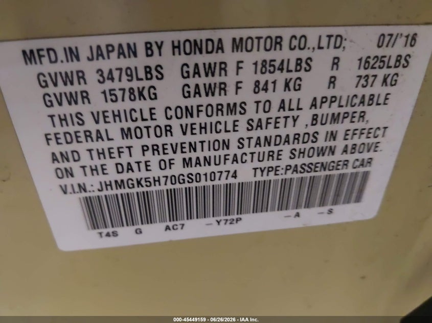2016 Honda Fit VIN JHMGK5H70GS010774 IAAI salvage auction — FRONT & REAR, Salvage (Minnesota), sold $1,300 on 2026-08-02 (photo 9)