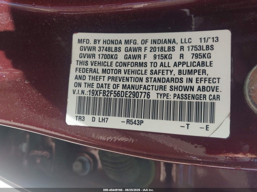 2013 Honda Civic VIN 19XFB2F56DE290776 IAAI salvage auction — NORMAL WEAR, Clear - Dealer Only (California), sold $2,250 on 2026-07-09 (photo 9)