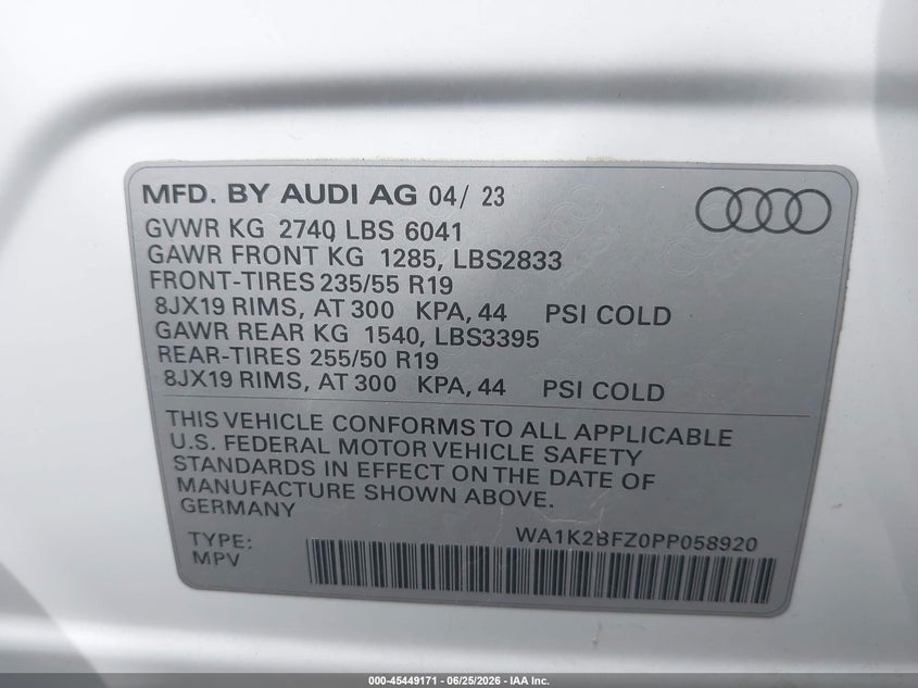 2023 Audi Q4 e-tron VIN WA1K2BFZ0PP058920 IAAI salvage auction — SIDE, Salvage Title, sold $13,100 on 2026-08-21 (photo 9)