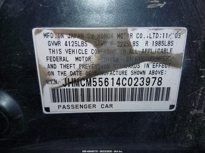 2004 Honda Accord VIN JHMCM55614C023978 IAAI salvage auction — ROLLOVER, Salvage (Idaho), sold $100 on 2026-07-24 (photo 9)