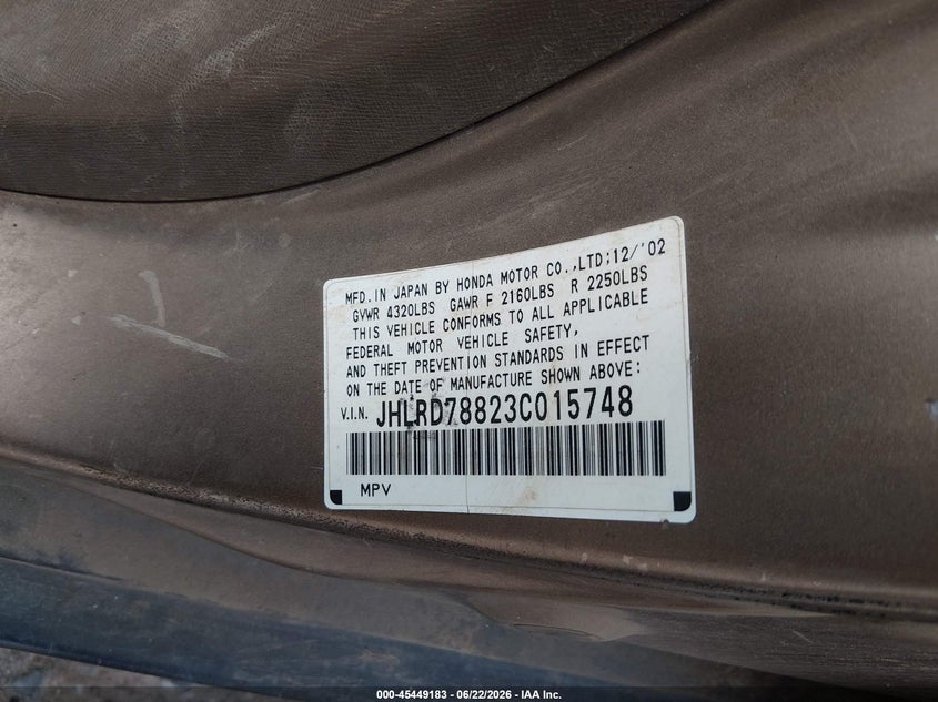 2003 Honda Cr-v VIN JHLRD78823C015748 IAAI salvage auction — NORMAL WEAR, Clear (Colorado), sold $400 on 2026-07-28 (photo 9)