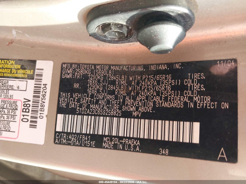 2005 Toyota Sienna VIN 5TDZA23C65S258825 IAAI salvage auction — NORMAL WEAR, Clear (Maryland), sold $1,000 on 2026-07-08 (photo 9)