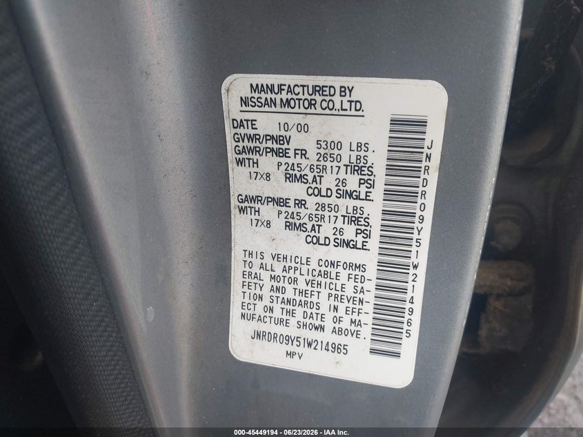 2001 Infiniti Qx4 VIN JNRDR09Y51W214965 IAAI salvage auction — NORMAL WEAR, Clear (New York), sold $425 on 2026-07-14 (photo 9)