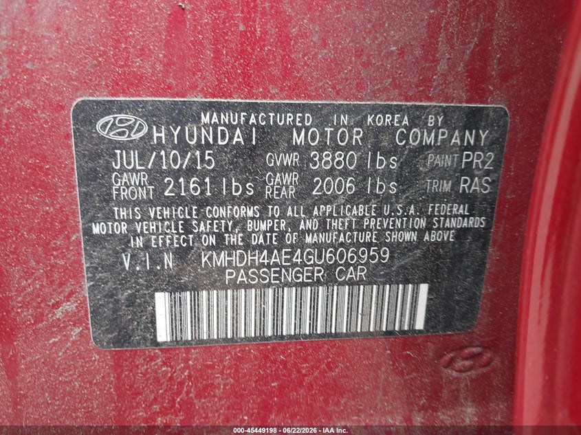 2016 Hyundai Elantra VIN KMHDH4AE4GU606959 IAAI salvage auction — NORMAL WEAR, Clear (Massachusetts), sold $600 on 2026-07-14 (photo 9)