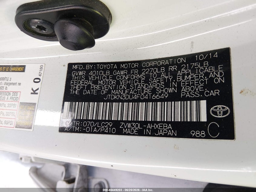 2015 Toyota Prius VIN JTDKN3DU4F0416649 IAAI salvage auction — VANDALISM, Salvage Certificate (California), sold $1,650 on 2026-07-17 (photo 9)