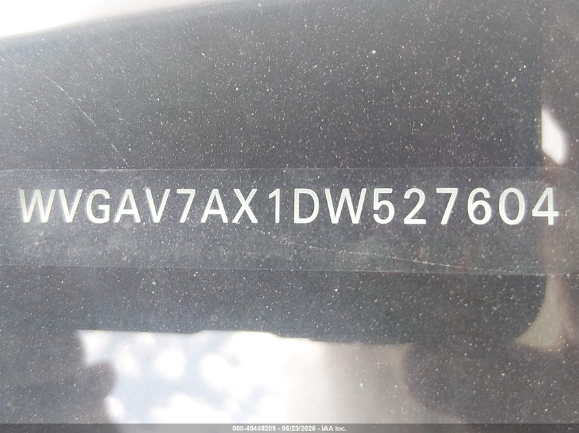 2013 Volkswagen Tiguan VIN WVGAV7AX1DW527604 IAAI salvage auction — NORMAL WEAR, Original (Texas), sold $500 on 2026-07-27 (photo 9)