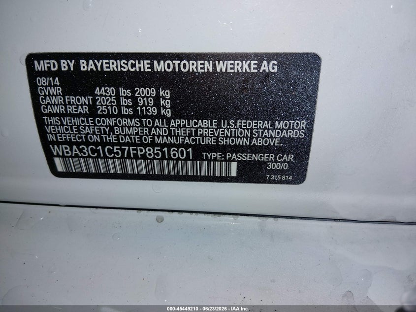 2015 BMW VIN WBA3C1C57FP851601 IAAI salvage auction — FRONT END, Salvage Title, sold $675 on 2026-08-21 (photo 9)