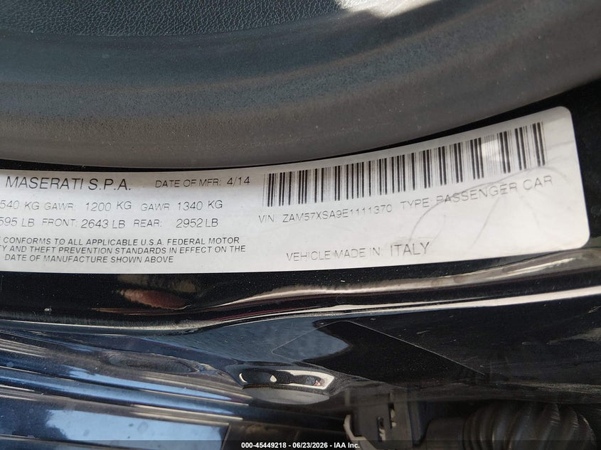 2014 Maserati Ghibli VIN ZAM57XSA9E1111370 IAAI salvage auction — LEFT FRONT, Salvage Title, sold $2,650 on 2026-07-29 (photo 9)