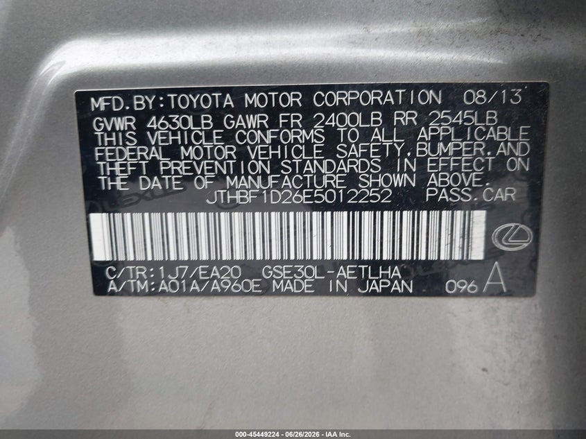 2014 Lexus Is VIN JTHBF1D26E5012252 IAAI salvage auction — SIDE, Salvage Title, sold $4,800 on 2026-07-31 (photo 9)
