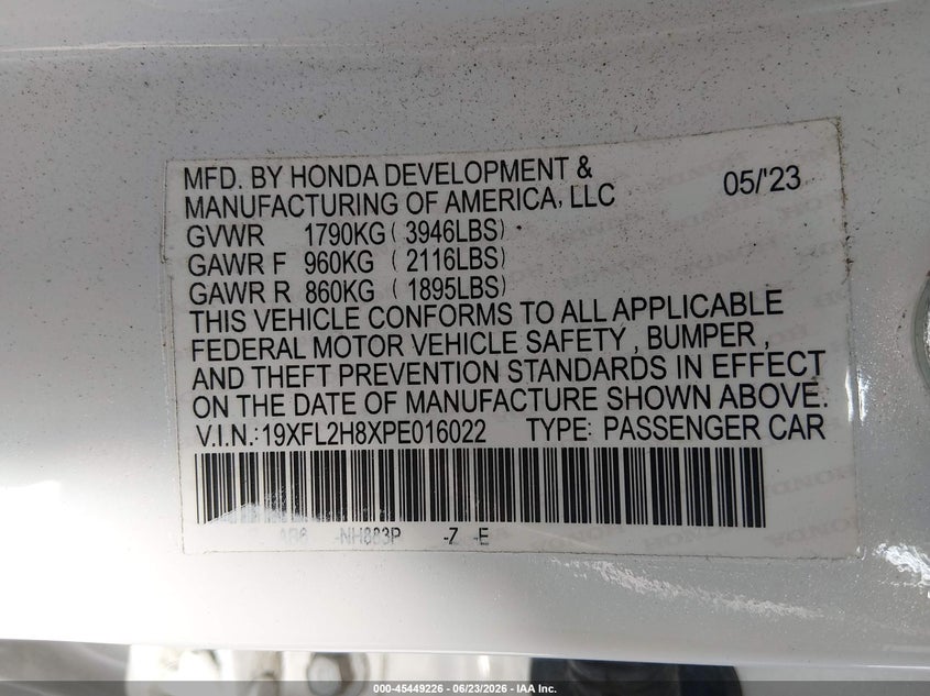 2023 Honda Civic VIN 19XFL2H8XPE016022 IAAI salvage auction — LEFT REAR, Salvage Title, sold $7,000 on 2026-07-29 (photo 9)