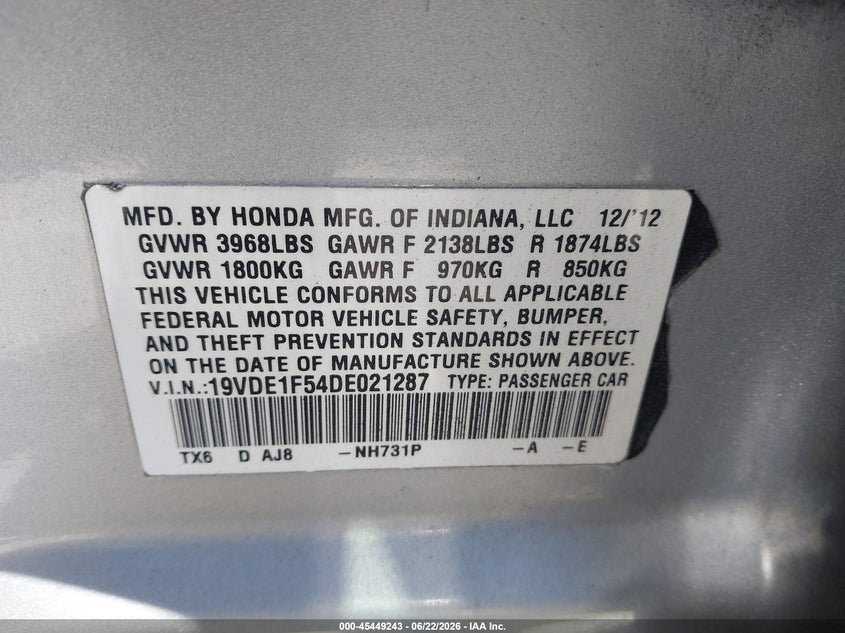 2013 Acura Ilx VIN 19VDE1F54DE021287 IAAI salvage auction — NORMAL WEAR, Salvage Title - Dealer (California), sold $725 on 2026-07-09 (photo 9)