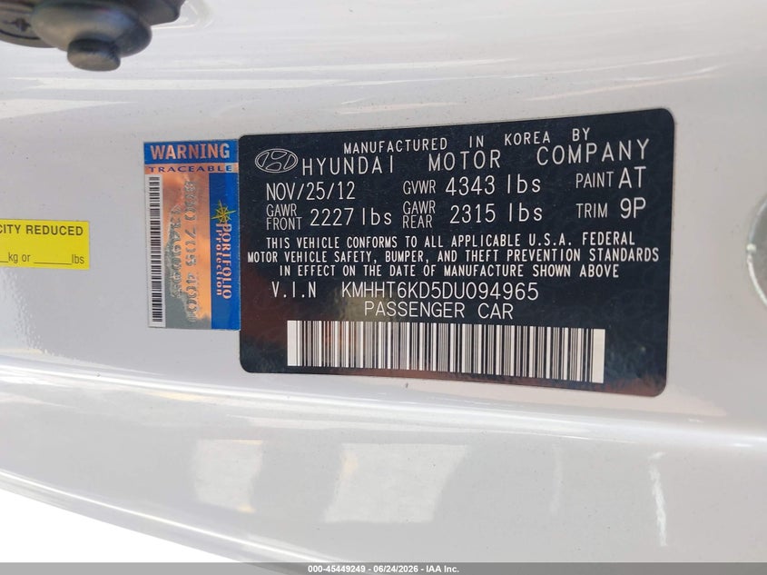 2013 Hyundai Genesis VIN KMHHT6KD5DU094965 IAAI salvage auction — FRONT END, Salvage (California), sold $675 on 2026-07-07 (photo 9)