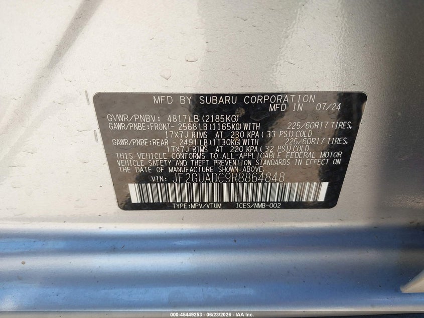 2024 Subaru Xv VIN JF2GUADC9R8864848 IAAI salvage auction — WATER/FLOOD, Salvage (California), sold $25 on 2026-07-12 (photo 9)