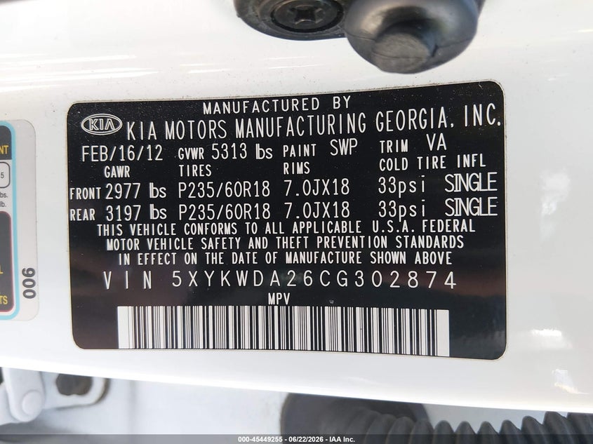 2012 Kia Sorento VIN 5XYKWDA26CG302874 IAAI salvage auction — REAR END, Bill Of Sale (Washington), sold $2,050 on 2026-07-11 (photo 9)