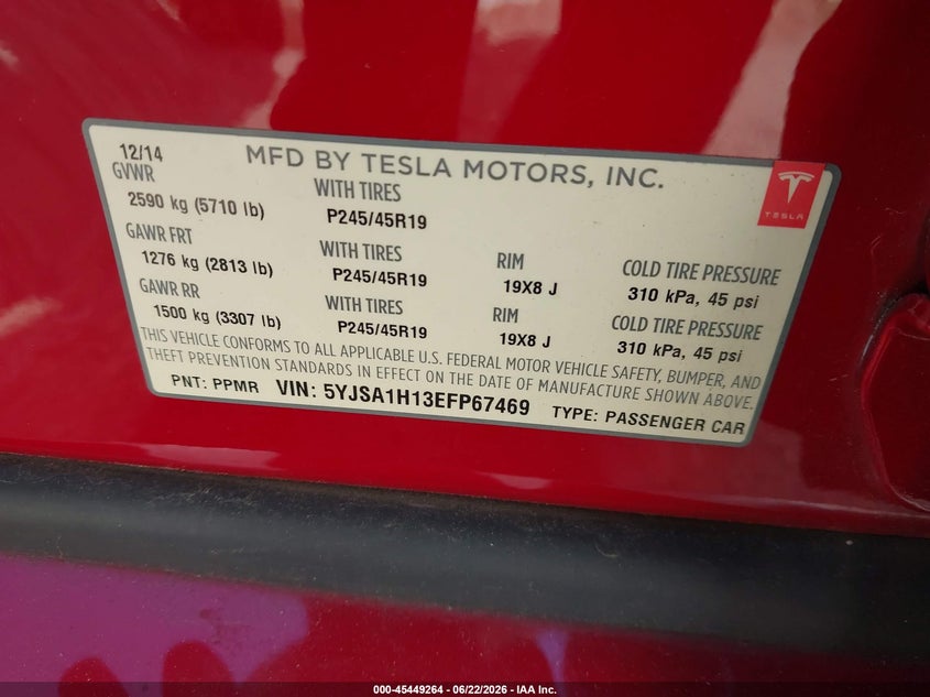 2014 Tesla Model s VIN 5YJSA1H13EFP67469 IAAI salvage auction — FRONT END, Salvage (California), sold $4,050 on 2026-07-23 (photo 9)