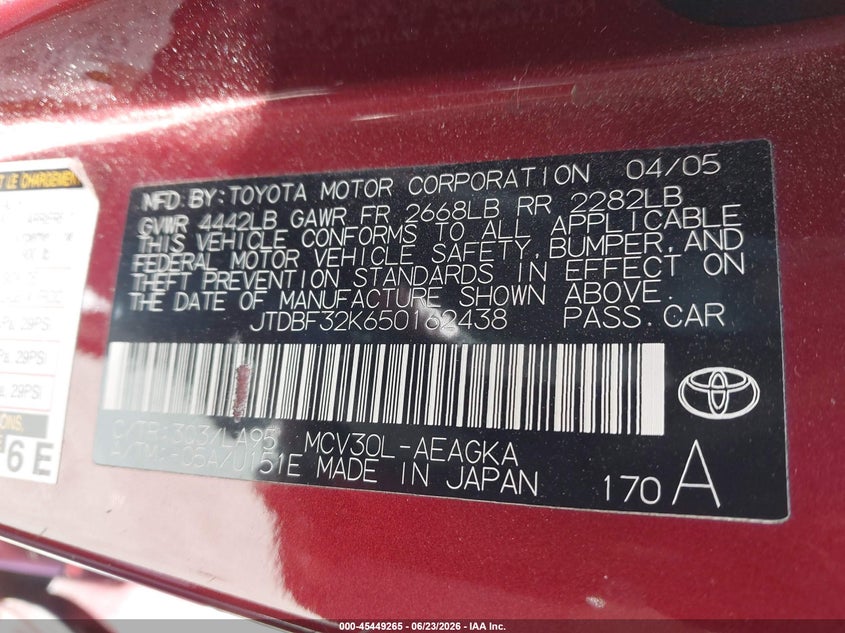 2005 Toyota Camry VIN JTDBF32K650162438 IAAI salvage auction — REAR END, Salvage (California), sold $350 on 2026-07-09 (photo 9)