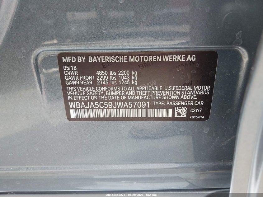 2018 BMW 5er VIN WBAJA5C59JWA57091 IAAI salvage auction — REAR END, Salvage Certificate (California), sold $6,400 on 2026-07-22 (photo 9)