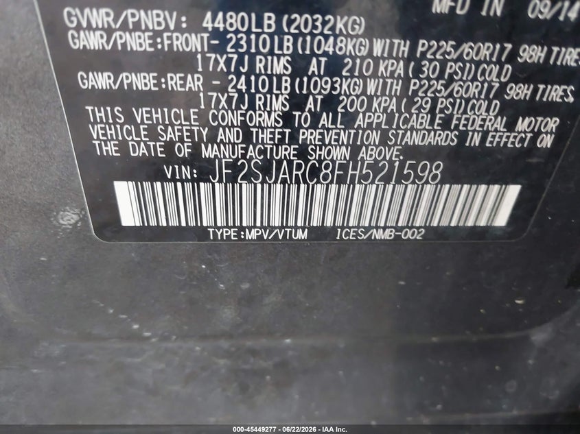2015 Subaru Forester VIN JF2SJARC8FH521598 IAAI salvage auction — NORMAL WEAR, Clear (Indiana), sold $450 on 2026-07-29 (photo 9)