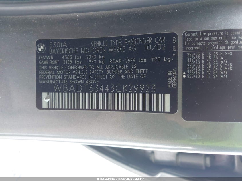 2003 BMW 5 series VIN WBADT63443CK29923 IAAI salvage auction — REAR END, Salvage (North Carolina), sold $325 on 2026-08-04 (photo 9)