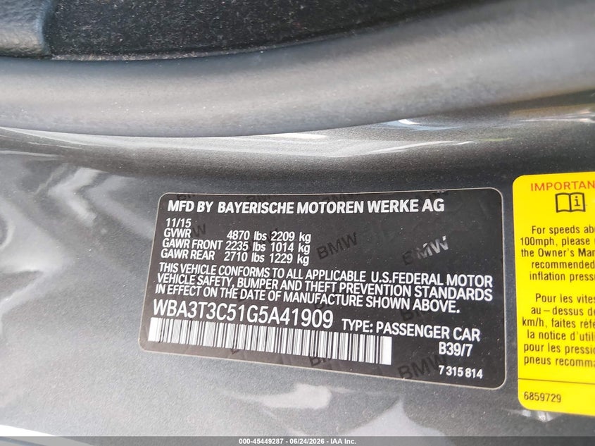 2016 BMW 4er VIN WBA3T3C51G5A41909 IAAI salvage auction — UNDERCARRIAGE, Salvage Title, sold $6,200 on 2026-07-29 (photo 9)