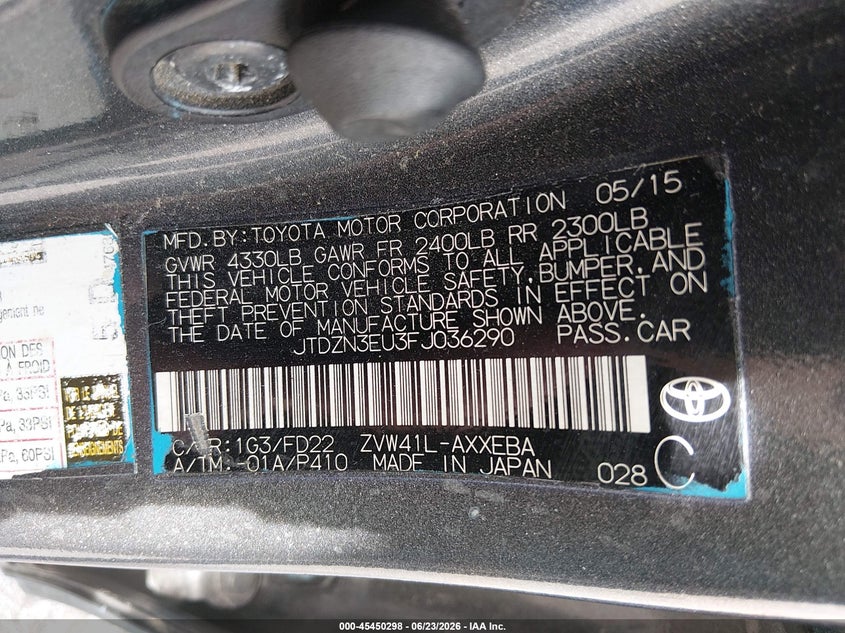 2015 Toyota Prius v VIN JTDZN3EU3FJ036290 IAAI salvage auction — NORMAL WEAR, Certificate Of Title (Nebraska), sold $800 on 2026-07-23 (photo 9)