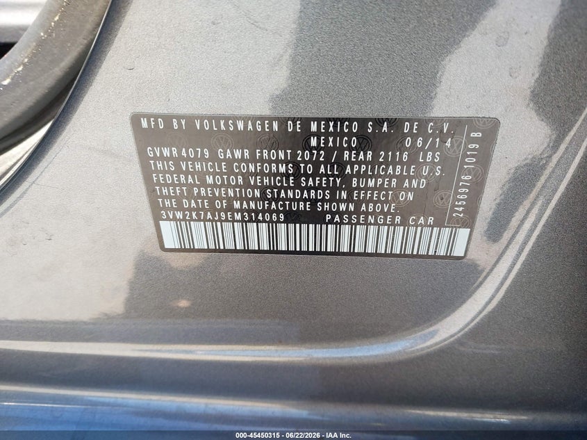 2014 Volkswagen Jetta VIN 3VW2K7AJ9EM314069 IAAI salvage auction — NORMAL WEAR, Salvage (California), sold $375 on 2026-07-09 (photo 9)