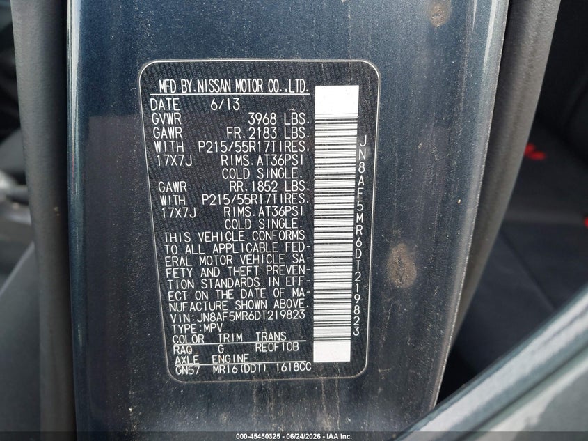 2013 Nissan Juke VIN JN8AF5MR6DT219823 IAAI salvage auction — HAIL, Clear (Illinois), sold $625 on 2026-07-29 (photo 9)