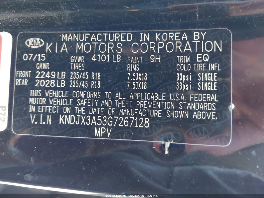 2016 Kia Soul VIN KNDJX3A53G7267128 IAAI salvage auction — NORMAL WEAR, Clear (Washington), sold $2,150 on 2026-07-22 (photo 9)