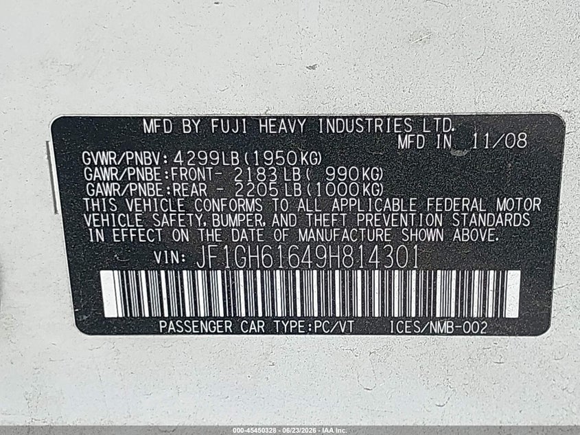 2009 Subaru Impreza VIN JF1GH61649H814301 IAAI salvage auction — NORMAL WEAR, Salvage Title - Dealer (California), sold $400 on 2026-07-14 (photo 9)