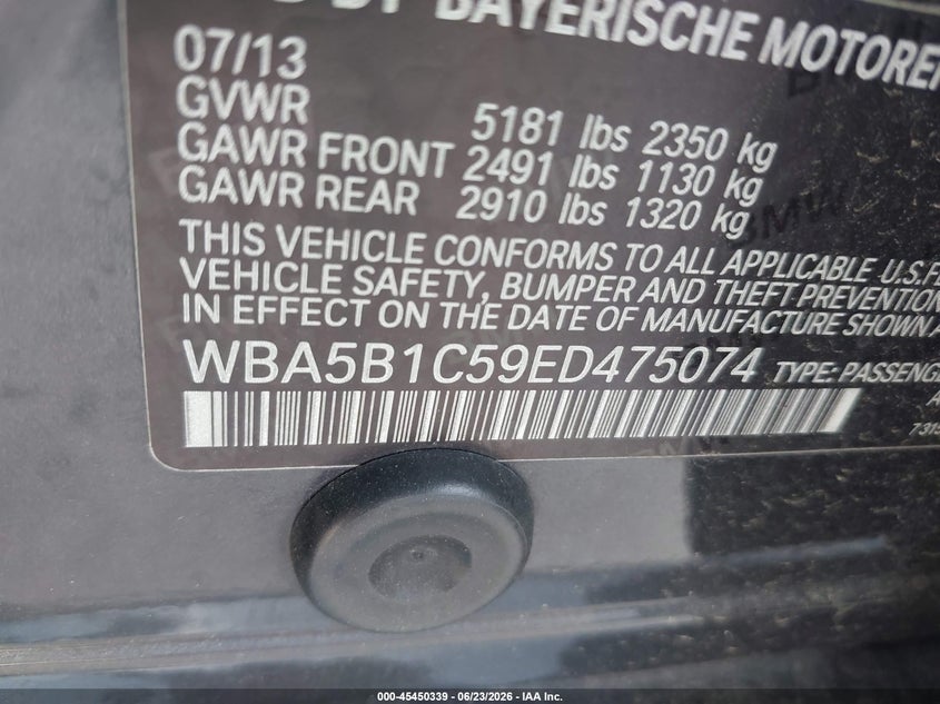 2014 BMW 5er VIN WBA5B1C59ED475074 IAAI salvage auction — NORMAL WEAR, Original (Texas), sold $925 on 2026-07-29 (photo 9)