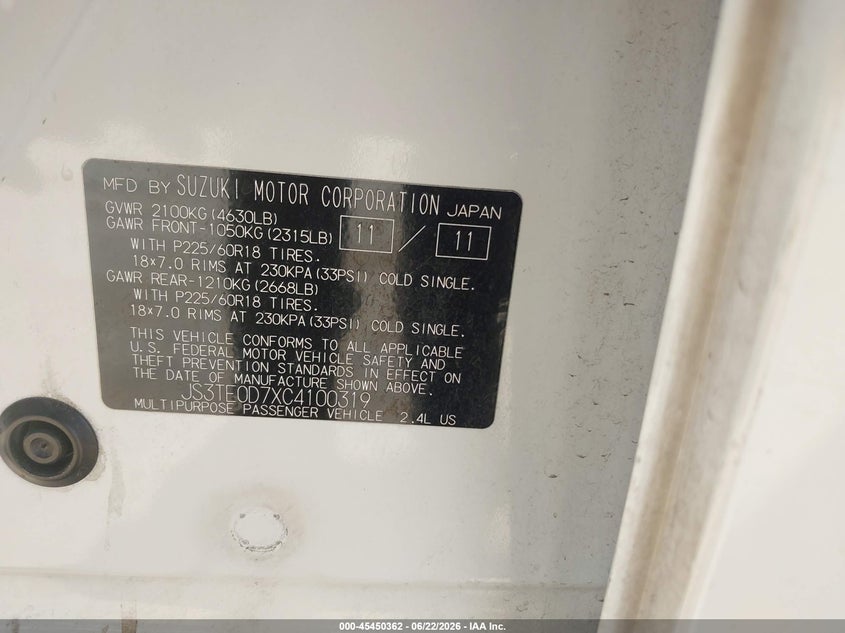 2012 Suzuki Grand vitara VIN JS3TE0D7XC4100319 IAAI salvage auction — NORMAL WEAR, Clear (Arizona), sold $875 on 2026-07-14 (photo 9)
