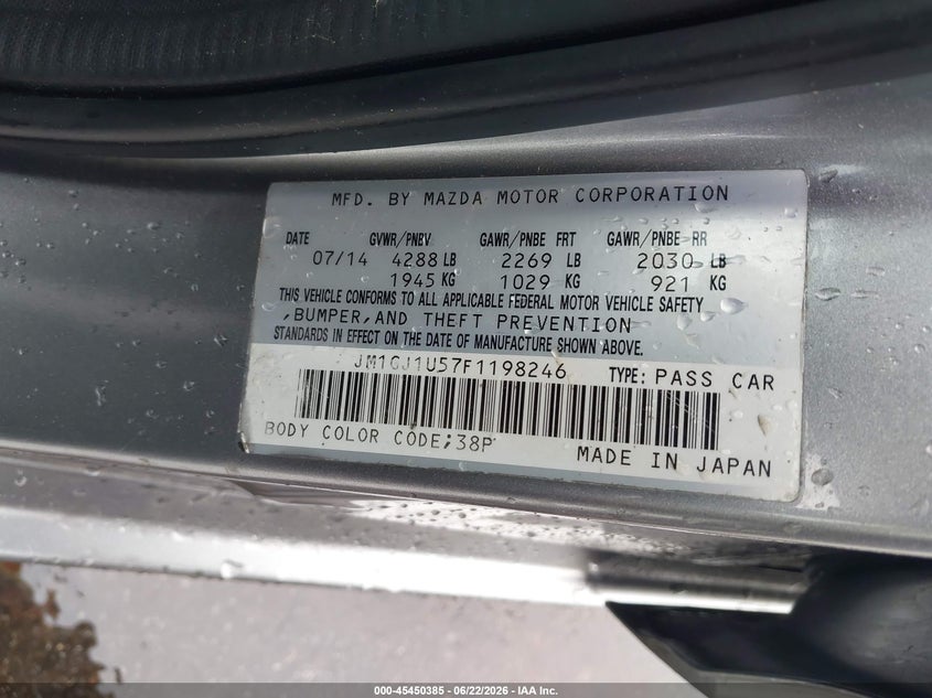 2015 Mazda 6 VIN JM1GJ1U57F1198246 IAAI salvage auction — NORMAL WEAR, Clear (Mississippi), sold $450 on 2026-07-28 (photo 9)