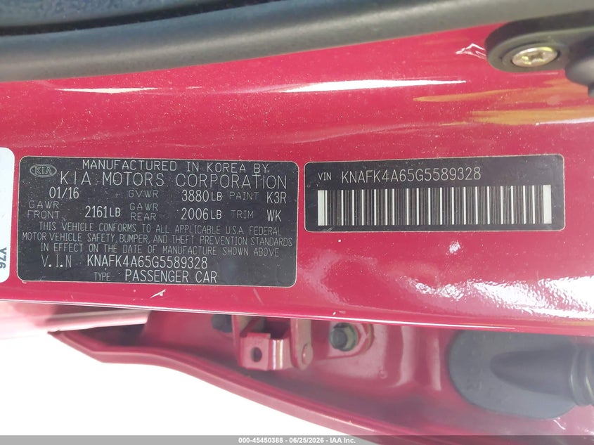 2016 Kia Forte VIN KNAFK4A65G5589328 IAAI salvage auction — NORMAL WEAR, Salvage Rebuilt (North Carolina), sold $650 on 2026-07-20 (photo 9)