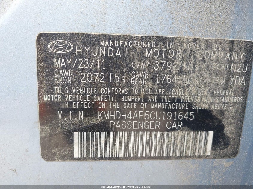 2012 Hyundai Elantra VIN KMHDH4AE5CU191645 IAAI salvage auction — NORMAL WEAR, Repossession Paperwork (South Carolina), sold $325 on 2026-07-14 (photo 9)