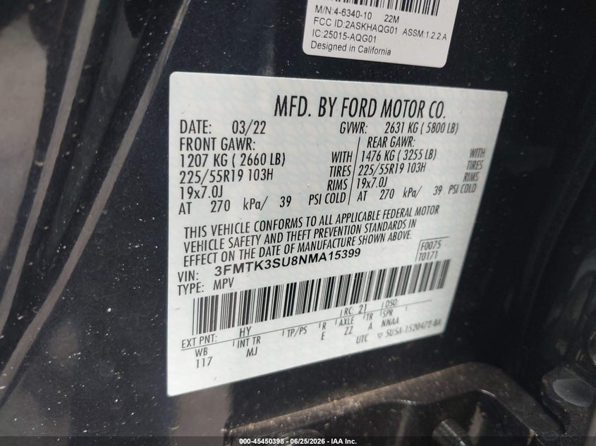 2022 Ford Mustang mach-e VIN 3FMTK3SU8NMA15399 IAAI salvage auction — SIDE, Salvage Title, sold $10,500 on 2026-07-31 (photo 9)