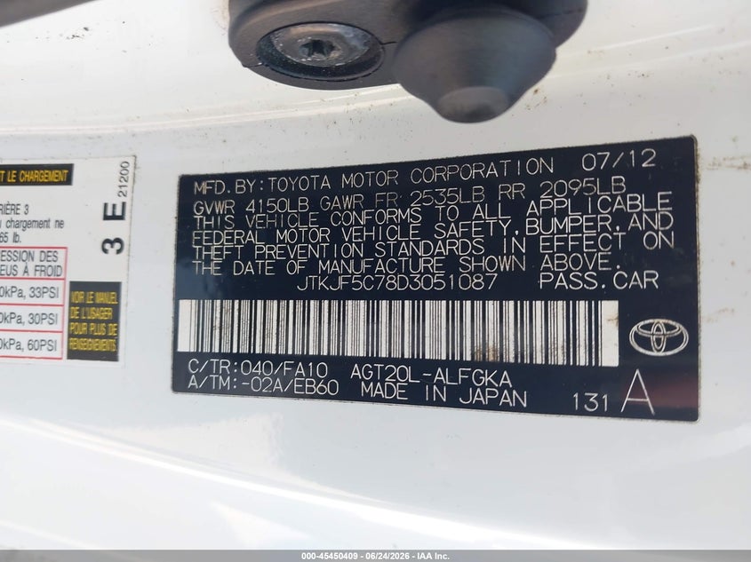 2013 Scion Tc VIN JTKJF5C78D3051087 IAAI salvage auction — NORMAL WEAR, Salvage Title, sold $850 on 2026-08-30 (photo 9)