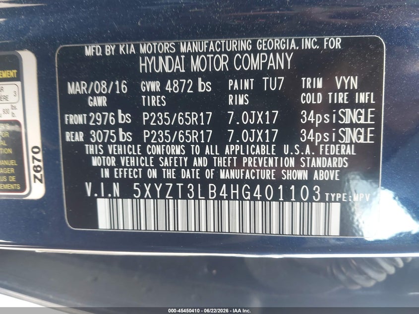 2017 Hyundai Santa fe VIN 5XYZT3LB4HG401103 IAAI salvage auction — NORMAL WEAR, Clear (North Carolina), sold $2,275 on 2026-07-15 (photo 9)