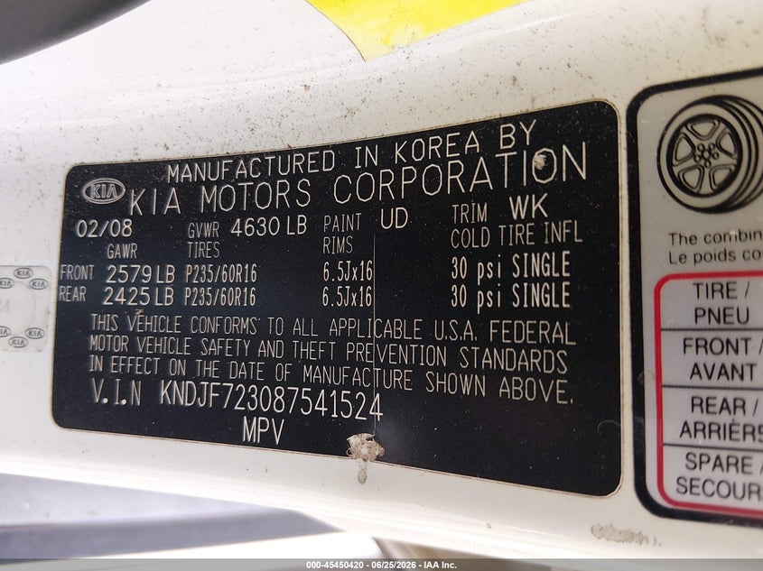 2008 Kia Sportage VIN KNDJF723087541524 IAAI salvage auction — NORMAL WEAR, Clear (Oklahoma), sold $675 on 2026-07-15 (photo 9)