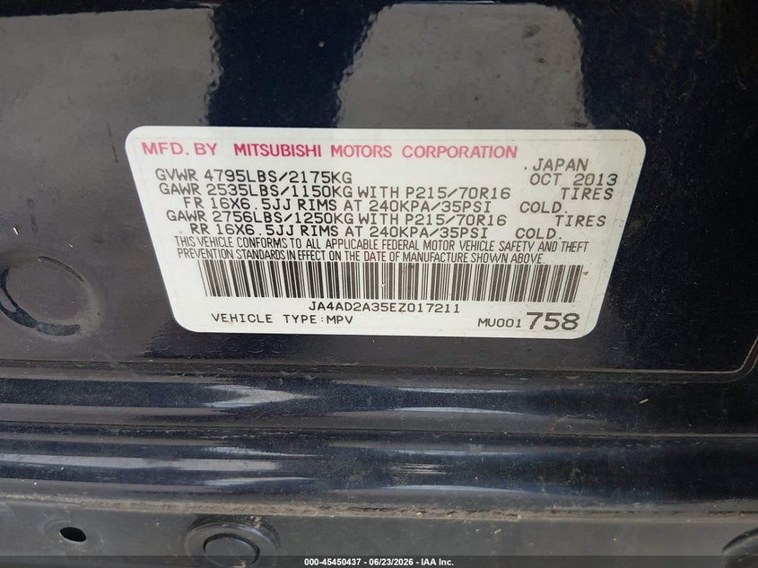 2014 Mitsubishi Outlander VIN JA4AD2A35EZ017211 IAAI salvage auction — NORMAL WEAR, Clear (Montana), sold $625 on 2026-07-17 (photo 9)