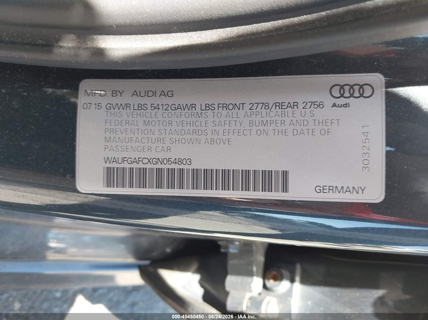 2016 Audi A6 VIN WAUFGAFCXGN054803 IAAI salvage auction — NORMAL WEAR, Clear (New Jersey), sold $2,550 on 2026-07-27 (photo 9)