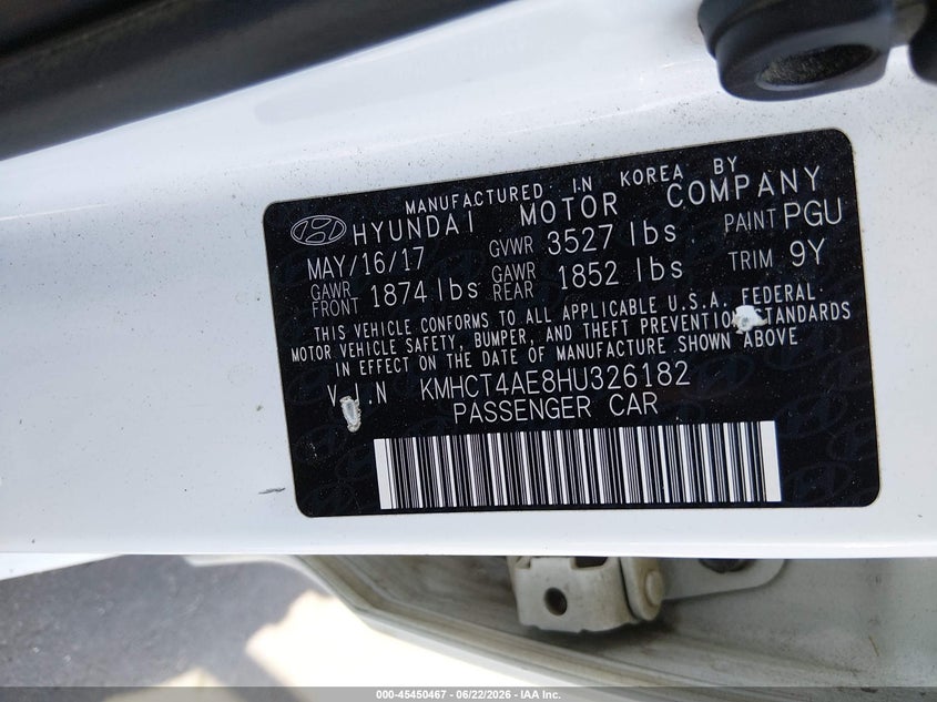 2017 Hyundai Accent VIN KMHCT4AE8HU326182 IAAI salvage auction — NORMAL WEAR, Clear (North Carolina), sold $1,100 on 2026-07-29 (photo 9)