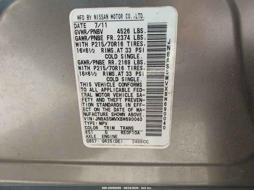 2011 Nissan Rogue sport VIN JN8AS5MVXBW690040 IAAI salvage auction — NORMAL WEAR, Repossession Paperwork (Georgia), sold $225 on 2026-07-10 (photo 9)