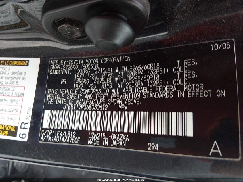 2006 Toyota 4runner VIN JTEBT17R368030612 IAAI salvage auction — NORMAL WEAR, Original (West Virginia), sold $1,800 on 2026-07-15 (photo 9)