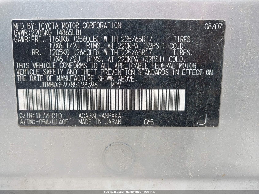 2008 Toyota Rav4 VIN JTMBD35V785128396 IAAI salvage auction — NORMAL WEAR, Clear (New Jersey), sold $2,050 on 2026-07-15 (photo 9)