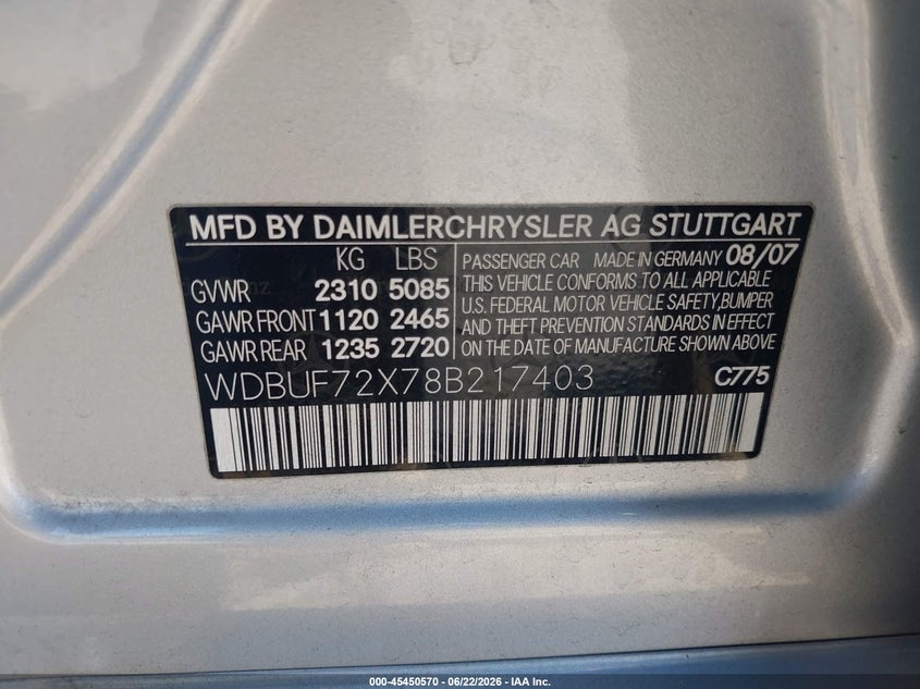 2008 Mercedes-benz E-class VIN WDBUF72X78B217403 IAAI salvage auction — REAR END, Salvage (California), sold $1,250 on 2026-07-14 (photo 9)