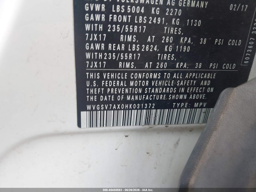 2017 Volkswagen Tiguan VIN WVGSV7AX0HK031372 IAAI salvage auction — NORMAL WEAR, Clear (New Jersey), sold $2,075 on 2026-07-22 (photo 9)