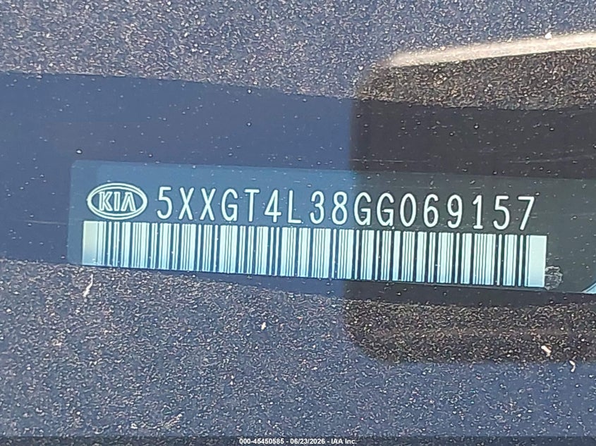 2016 Kia Optima VIN 5XXGT4L38GG069157 IAAI salvage auction — NORMAL WEAR, Clear - Dealer Only (California), sold $1,125 on 2026-07-14 (photo 9)